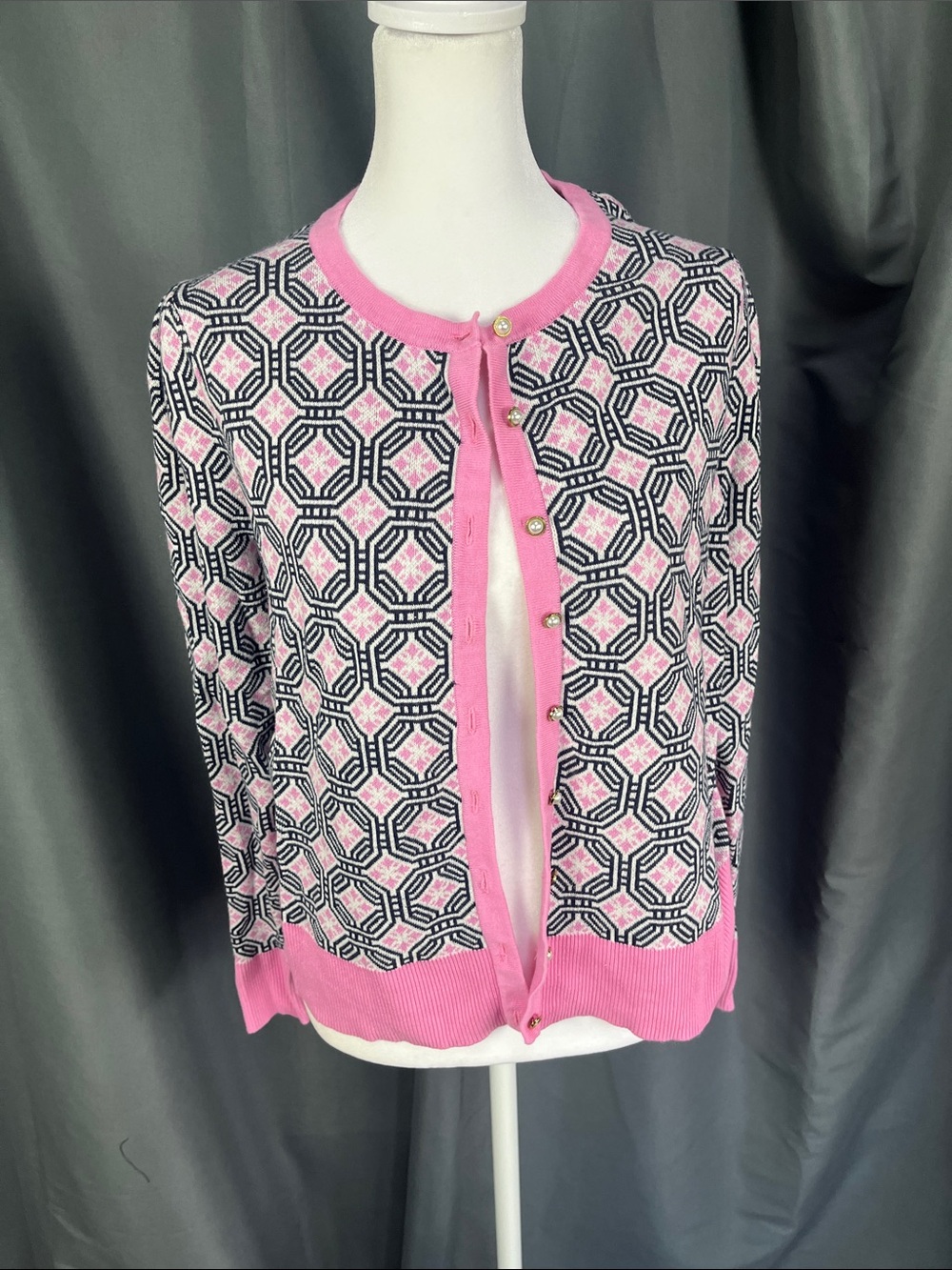 Charter Club Pink and Black Geometric Knit Cardigan